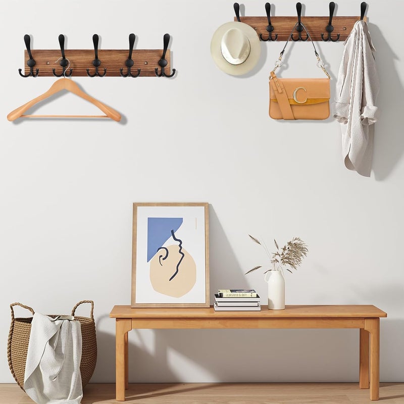 Kuhome Coat Rack Wall Mount Wooden Hat Rack for Wall Hooks Pine Real Wood Plank 16.9" Brown Coat Hanger with 5 Triple Hooks for Hanging Coat Hat Jacket - Image 4